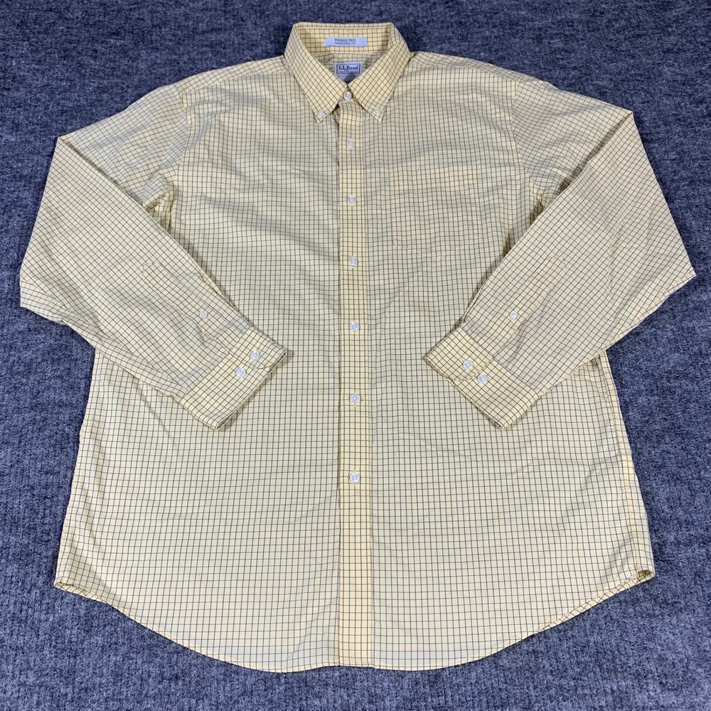 LL Bean Shirt Mens Large Yellow Plaid Button Down Wrinkle Free Traditional Fit